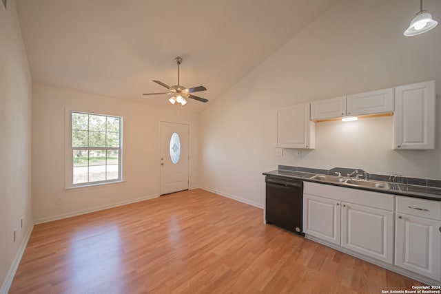 kitchen with dishwasher, light hardwood / wood-style floors, sink, white cabinets, and ceiling fan