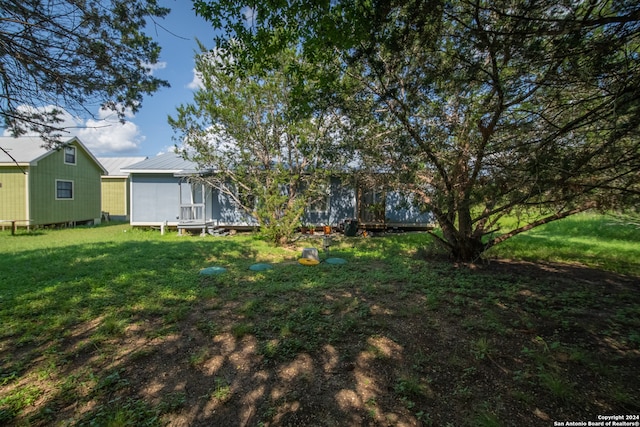 view of yard featuring a storage unit