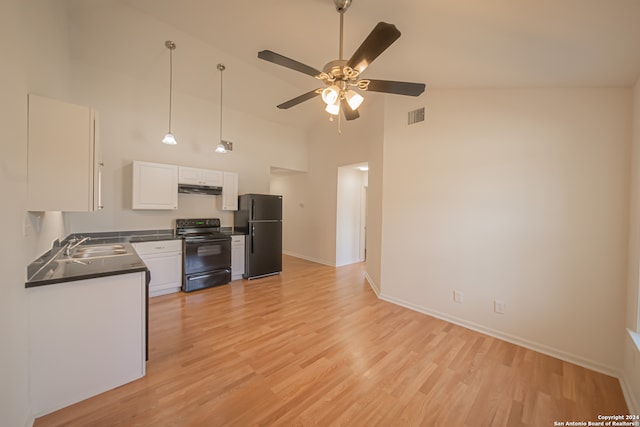 kitchen featuring ceiling fan, white cabinets, light hardwood / wood-style flooring, high vaulted ceiling, and black appliances