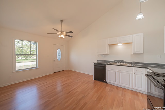 kitchen featuring light wood-type flooring, black appliances, ceiling fan, and white cabinetry