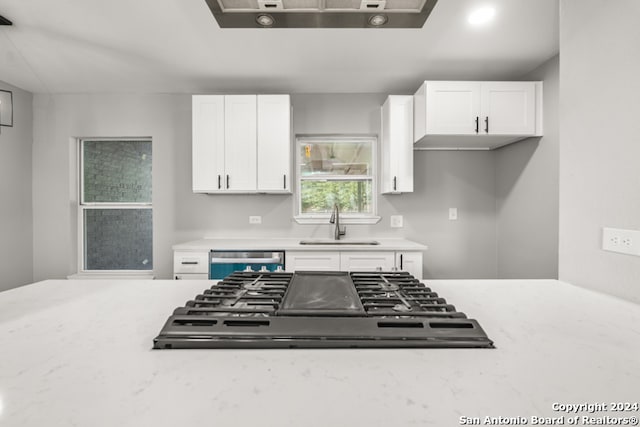 kitchen featuring white cabinetry, sink, stainless steel appliances, and light stone counters