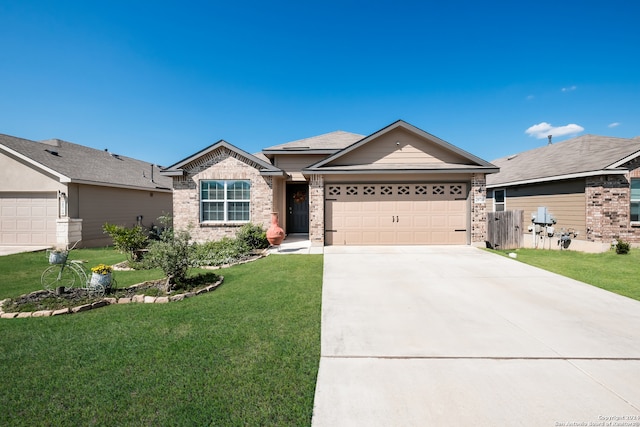 ranch-style house featuring a front lawn and a garage