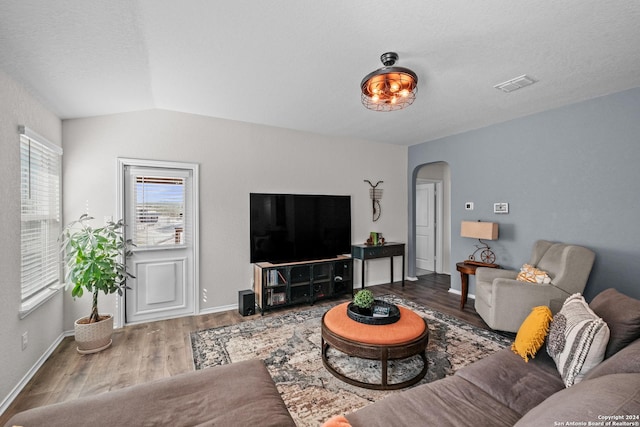 29710 Spring Copper, Bulverde, TX 78163 - living room featuring visible vents, arched walkways, wood finished floors, baseboards, and lofted ceiling