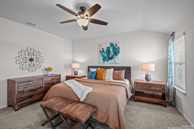 29710 Spring Copper, Bulverde, TX 78163 - carpeted bedroom with ceiling fan, visible vents, baseboards, and vaulted ceiling