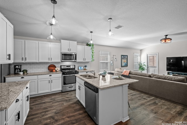 kitchen with white cabinets, a kitchen island with sink, and stainless steel appliances