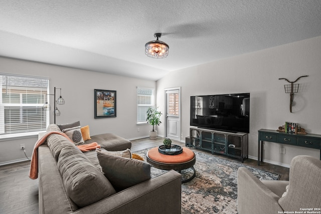 living room featuring lofted ceiling, a textured ceiling, and hardwood / wood-style floors