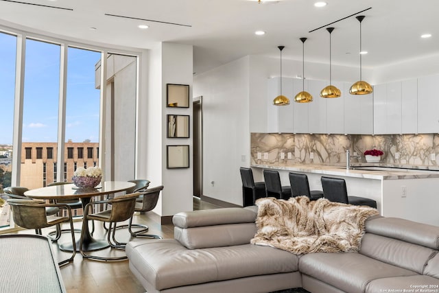 living room featuring sink and hardwood / wood-style flooring