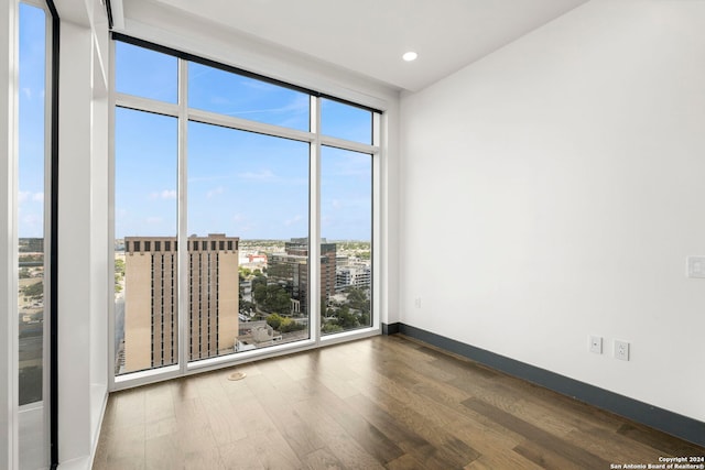 spare room featuring a wall of windows, dark hardwood / wood-style floors, and plenty of natural light