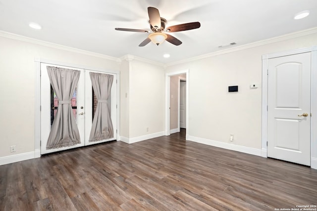 unfurnished room featuring ceiling fan, french doors, dark hardwood / wood-style flooring, and crown molding