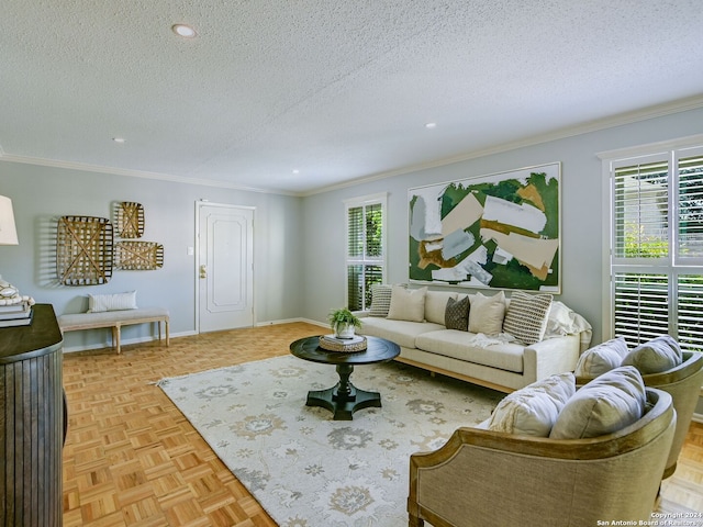 living room with crown molding, a textured ceiling, and light parquet flooring