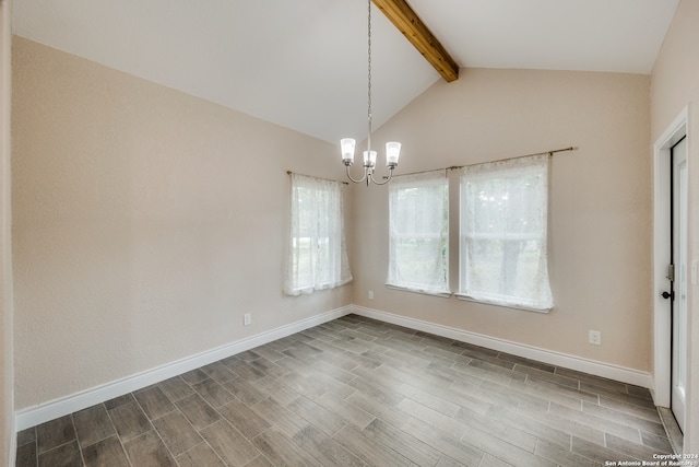 unfurnished dining area with lofted ceiling with beams, an inviting chandelier, and hardwood / wood-style floors