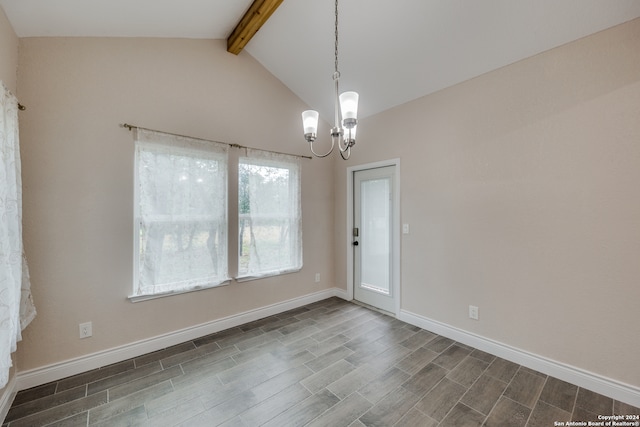 unfurnished dining area with wood-type flooring, a notable chandelier, and lofted ceiling with beams