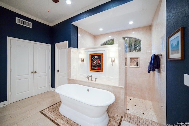 full bathroom featuring recessed lighting, ornamental molding, walk in shower, a freestanding bath, and visible vents