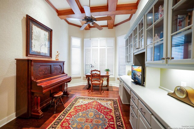 sitting room with dark wood-style floors, a healthy amount of sunlight, coffered ceiling, and a ceiling fan