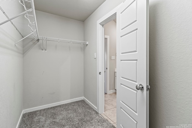 walk in closet with light colored carpet