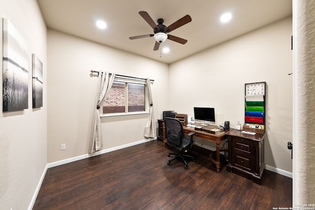 office space featuring ceiling fan and dark hardwood / wood-style floors