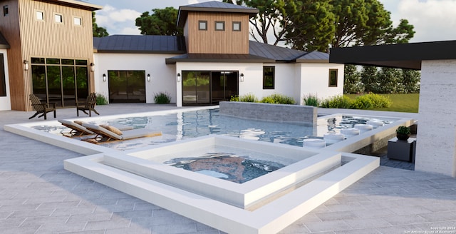 rear view of house with a standing seam roof, metal roof, a patio area, an in ground hot tub, and stucco siding