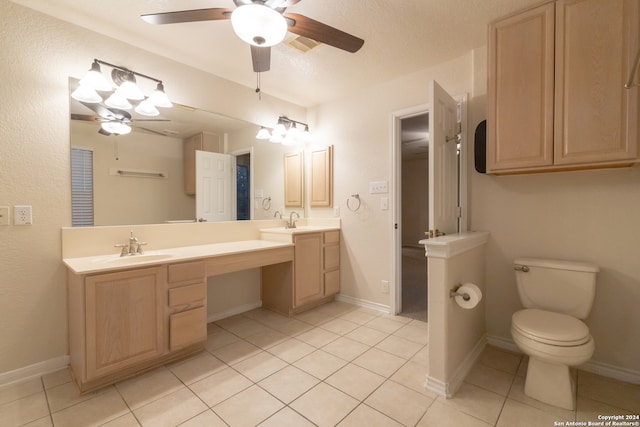 bathroom with tile patterned flooring, ceiling fan, vanity, and toilet