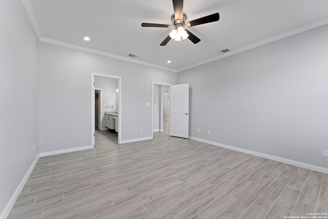 unfurnished bedroom featuring connected bathroom, ceiling fan, and light hardwood / wood-style flooring