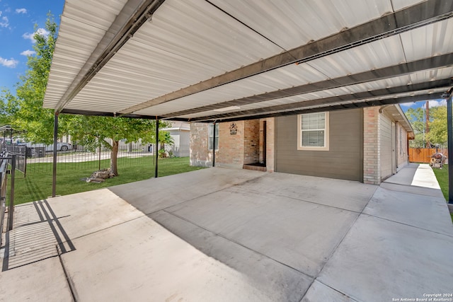 view of patio featuring a garage