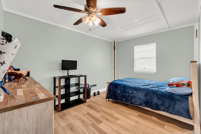 bedroom with ceiling fan, light wood-type flooring, and crown molding