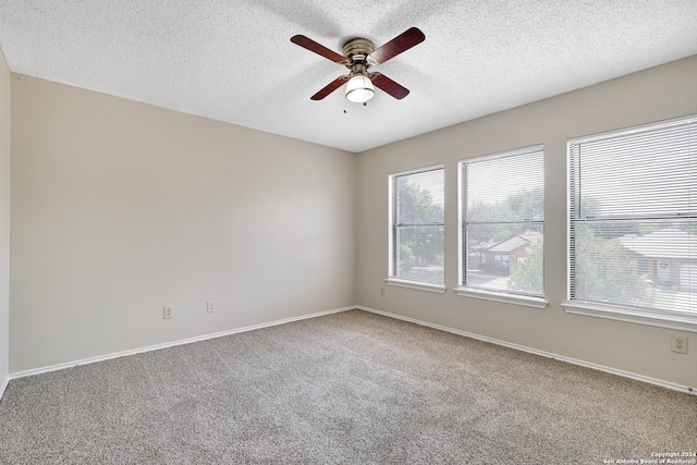 spare room featuring carpet, ceiling fan, and a textured ceiling