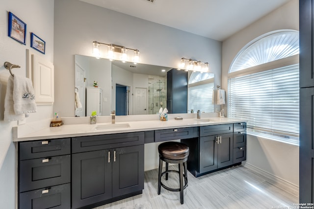 bathroom with walk in shower and vanity