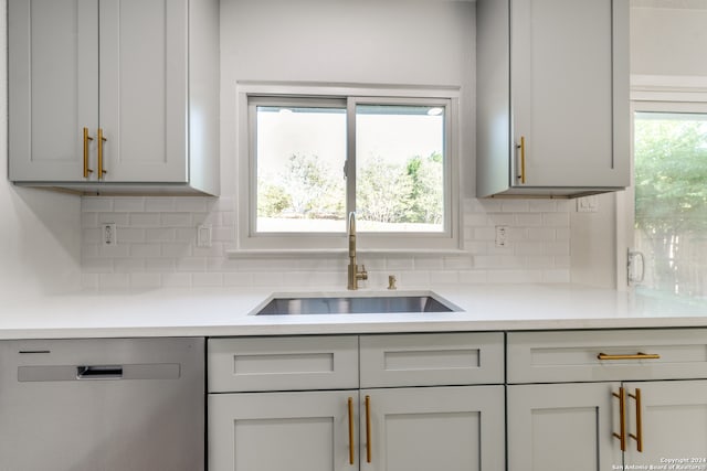 kitchen featuring gray cabinets, backsplash, stainless steel dishwasher, and sink