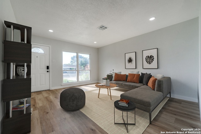 living room featuring a textured ceiling and hardwood / wood-style floors