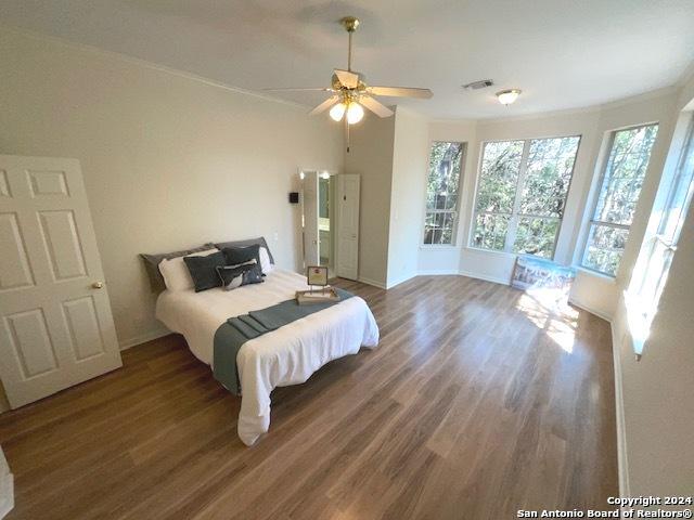 bedroom featuring dark hardwood / wood-style floors and ceiling fan