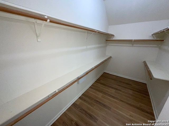 spacious closet featuring vaulted ceiling and dark hardwood / wood-style floors