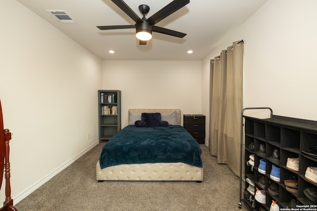 bedroom featuring ceiling fan and carpet floors