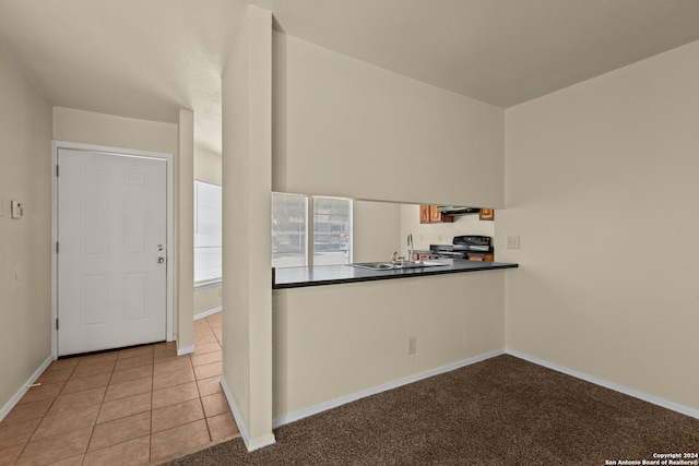 kitchen featuring light colored carpet, black range, sink, and extractor fan