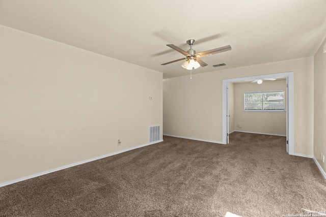 unfurnished room featuring carpet flooring and ceiling fan