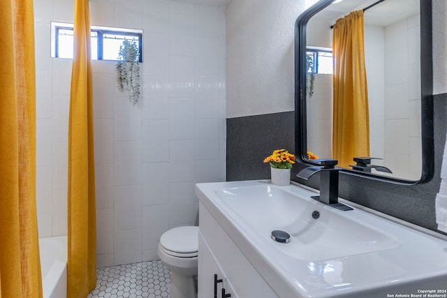 full bathroom featuring plus walk in shower, tile walls, tile patterned floors, vanity, and toilet