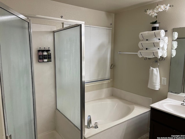 bathroom with vanity and separate shower and tub