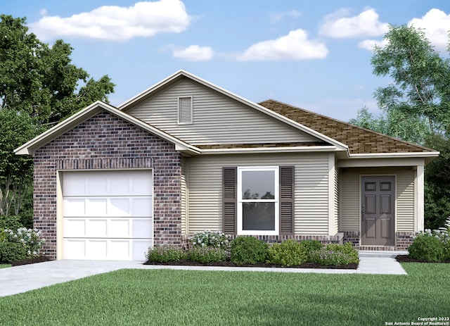 view of front of house with a garage and a front lawn