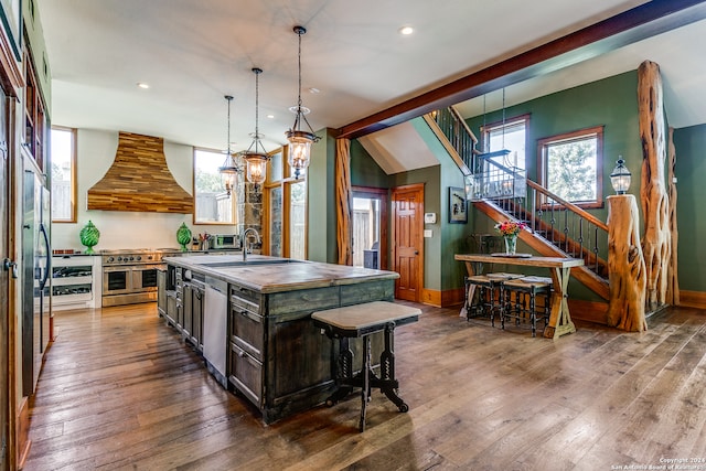 kitchen featuring custom exhaust hood, wood-type flooring, dark brown cabinets, a center island with sink, and appliances with stainless steel finishes