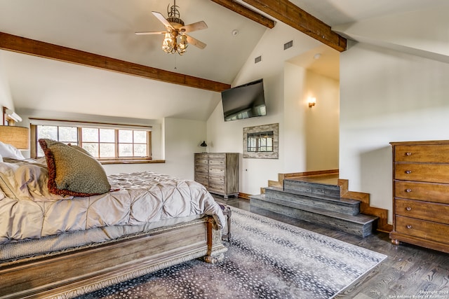 bedroom with ceiling fan, beamed ceiling, dark hardwood / wood-style flooring, and high vaulted ceiling