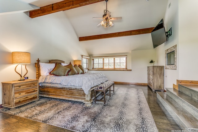 bedroom with high vaulted ceiling, ceiling fan, beamed ceiling, and dark hardwood / wood-style flooring