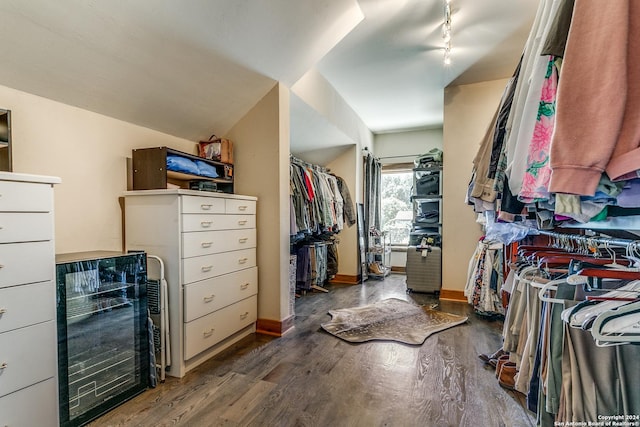 walk in closet featuring wood finished floors and beverage cooler
