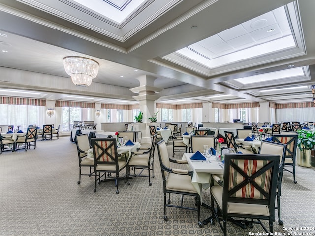 carpeted dining room featuring coffered ceiling, a notable chandelier, crown molding, and beam ceiling