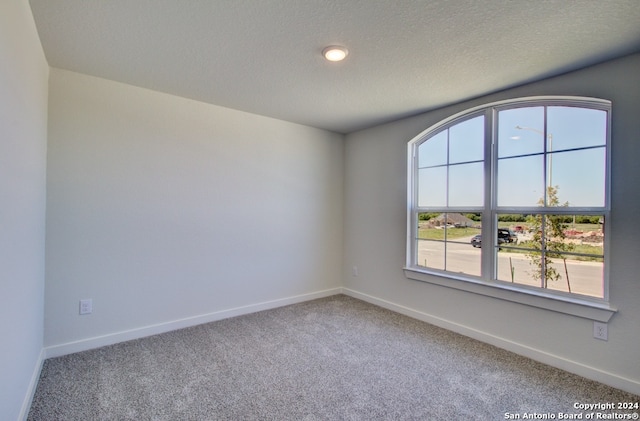 carpeted empty room with a textured ceiling