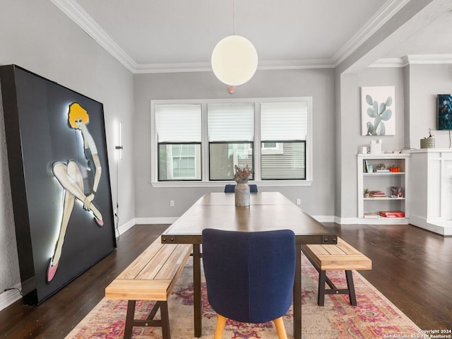 dining space with ornamental molding and dark hardwood / wood-style flooring