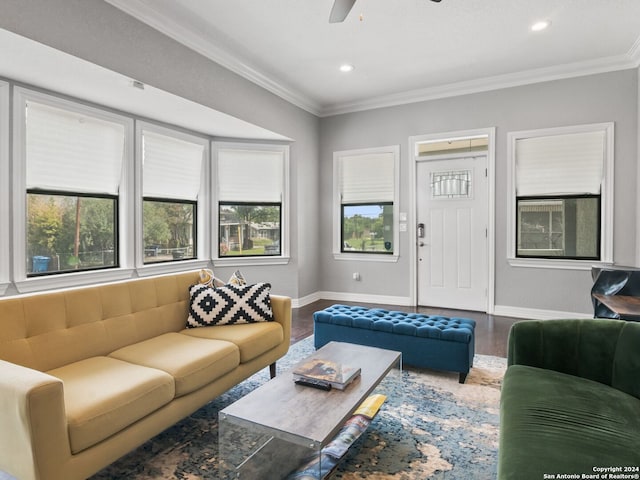 living room featuring crown molding, hardwood / wood-style flooring, and ceiling fan