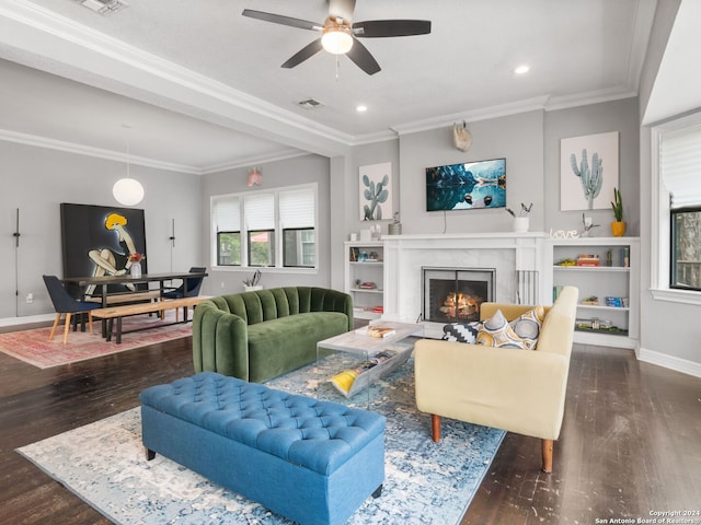 living room with ceiling fan, crown molding, and dark hardwood / wood-style flooring