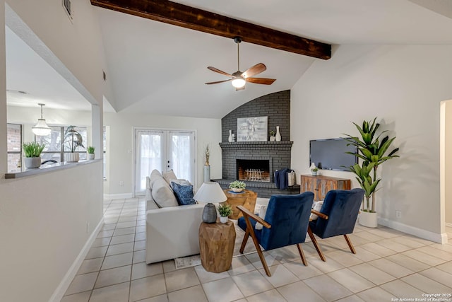 living room with a brick fireplace, light tile patterned flooring, french doors, ceiling fan, and lofted ceiling