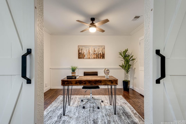 office area with ceiling fan, ornamental molding, and dark hardwood / wood-style flooring