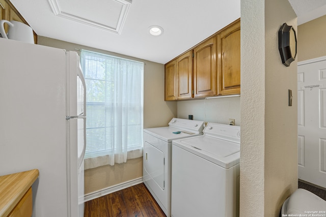 washroom featuring cabinets, washer and dryer, and dark hardwood / wood-style flooring