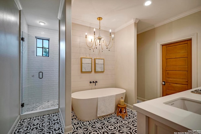 bathroom with independent shower and bath, vanity, ornamental molding, and tile patterned floors